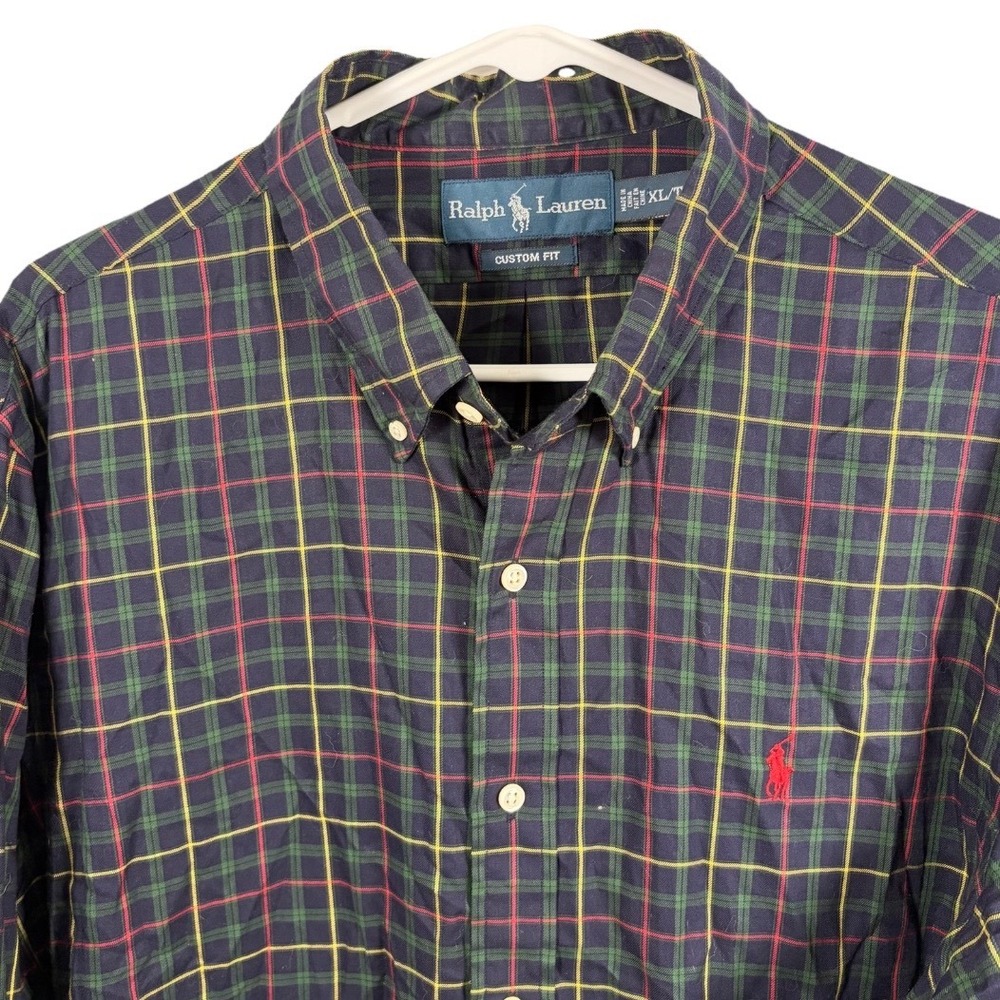 Ralph Lauren Tartan Plaid Button Down Shirt Men XL Navy Green Red Cotton Preppy